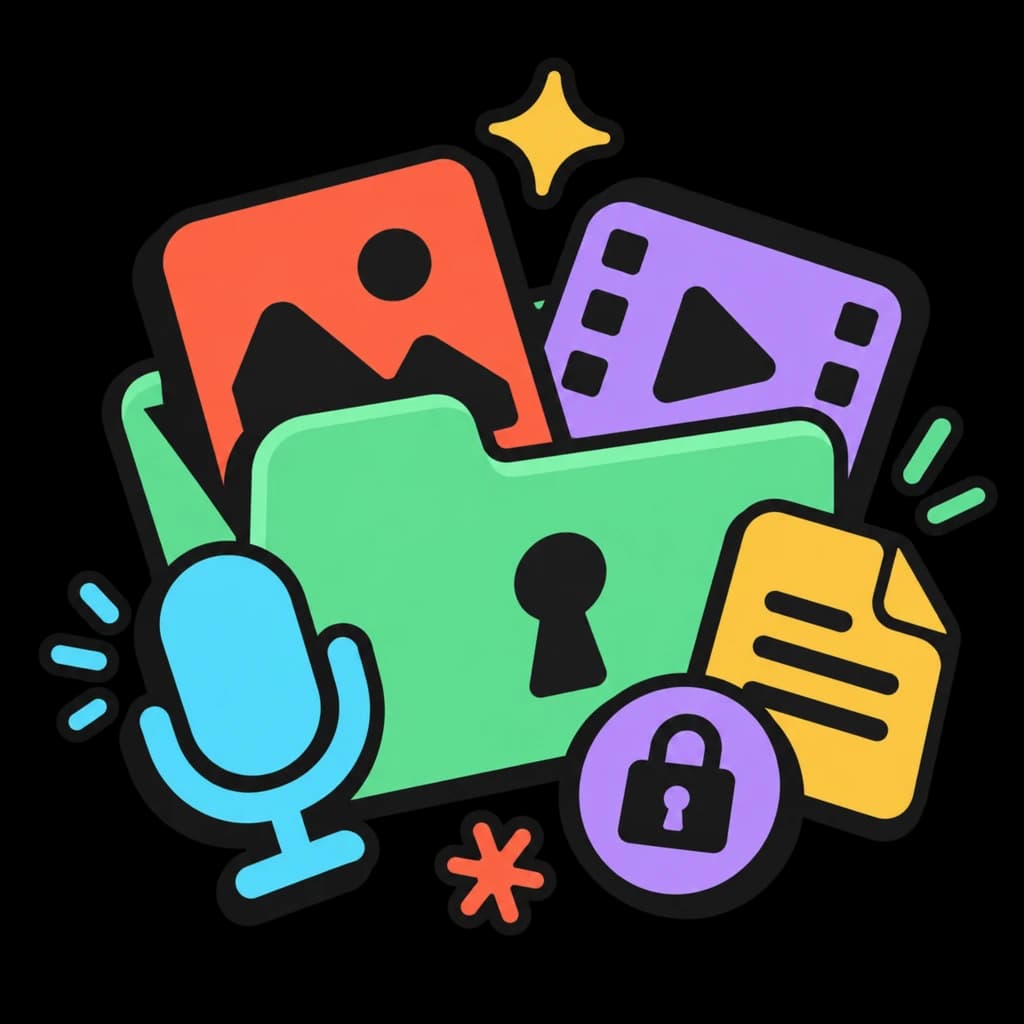 Colorful photos, video, microphone, and notes tucked inside a locked folder